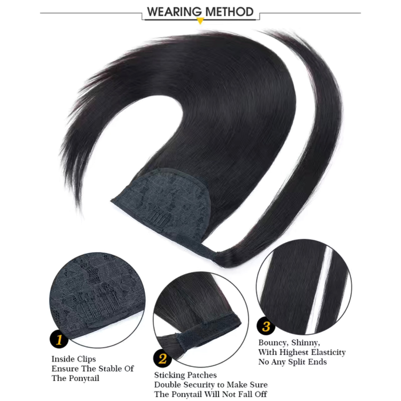 140 Gram -JET BLACK Wrap Around Clip-In Ponytail